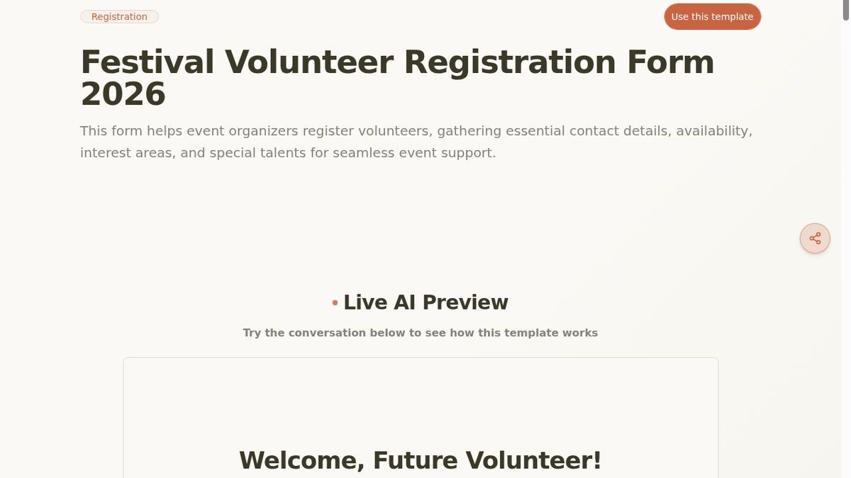 Dashform Festival Volunteer Registration Form template page screenshot