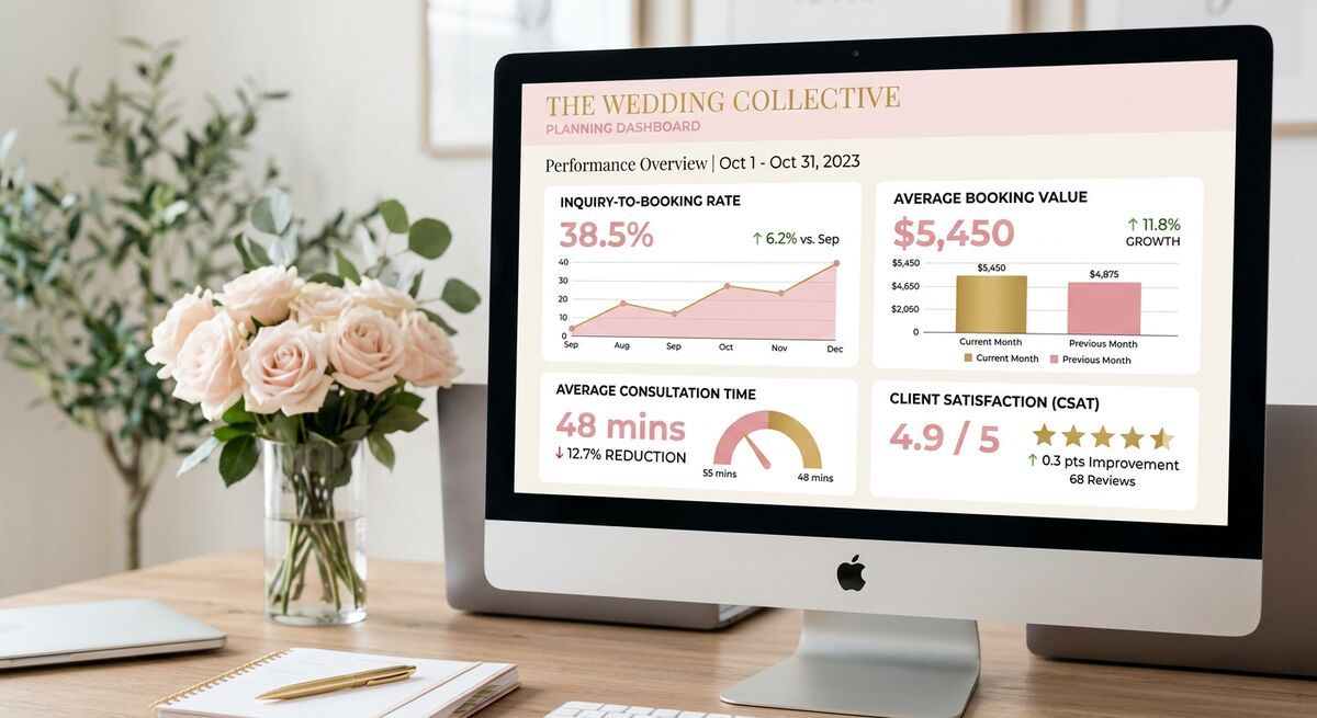Dashboard showing wedding planning business growth metrics after implementing AI quiz funnel
