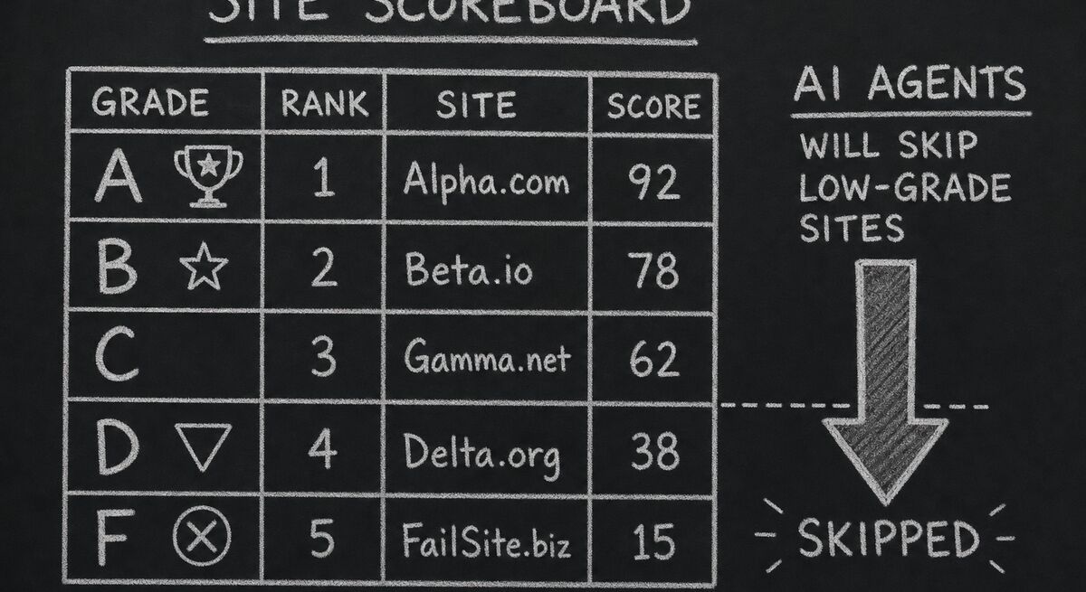 AX Audit grade bands with arrow showing AI agents skipping low-grade sites