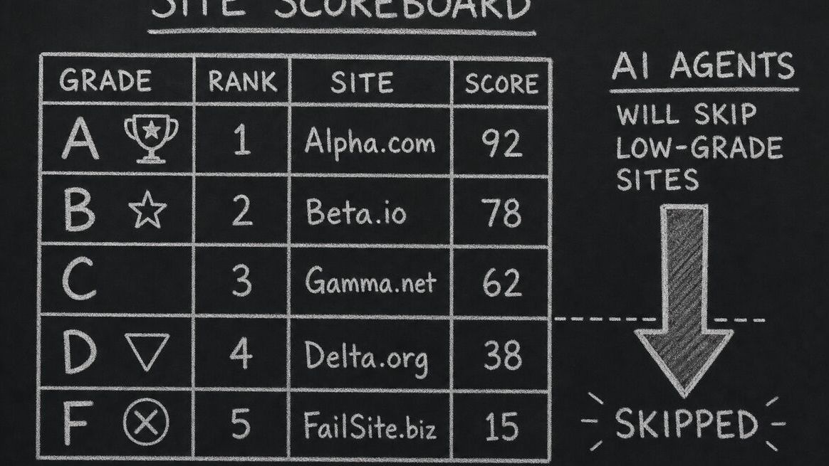 AX Audit grade bands with arrow showing AI agents skipping low-grade sites