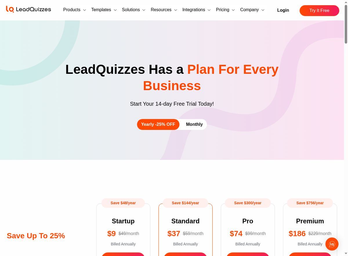 LeadQuizzes pricing — plans from $49 to $249/month