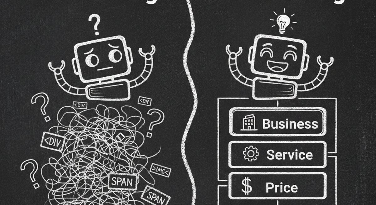 Comparison of how AI agents see a website without vs with Schema.org markup