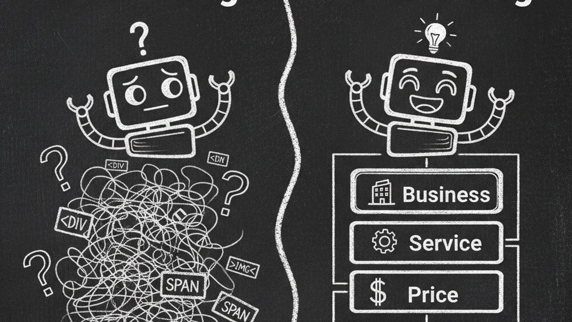 Comparison of how AI agents see a website without vs with Schema.org markup