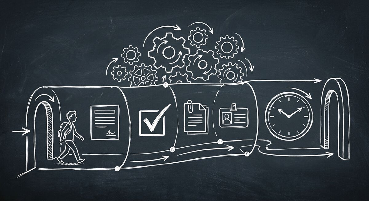 Chalkboard sketch of a client walking through a streamlined onboarding process with forms and automation icons