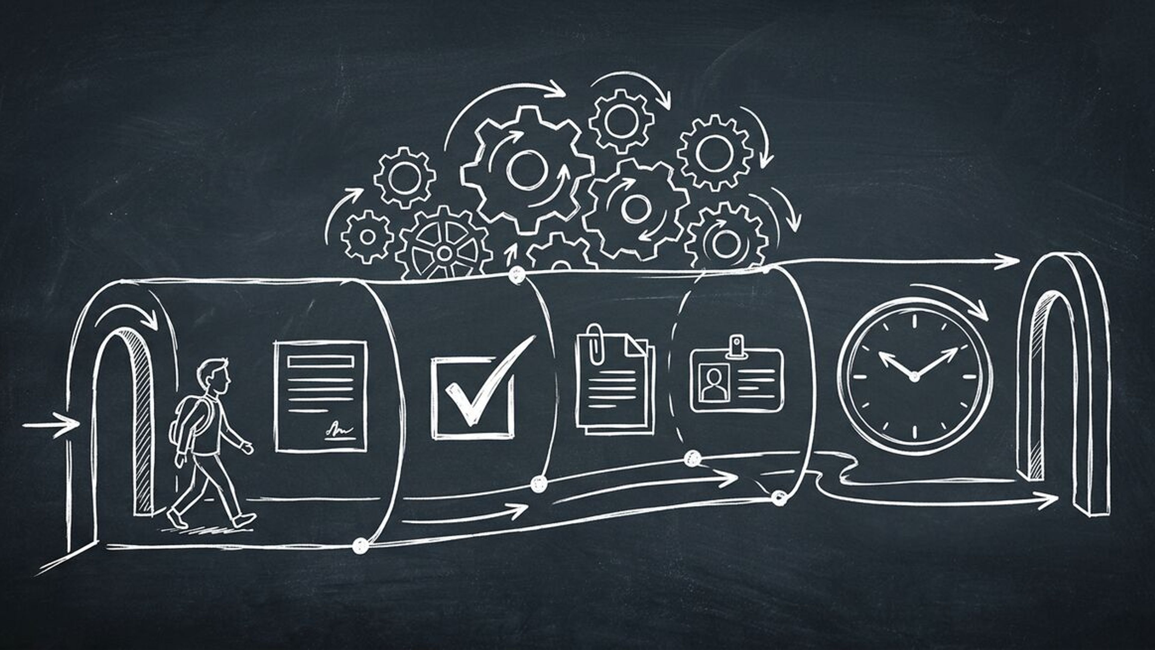 Chalkboard sketch of a client walking through a streamlined onboarding process with forms and automation icons