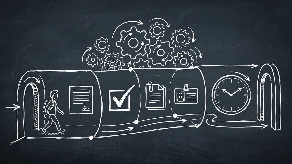 Chalkboard sketch of a client walking through a streamlined onboarding process with forms and automation icons