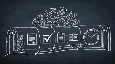 Chalkboard sketch of a client walking through a streamlined onboarding process with forms and automation icons