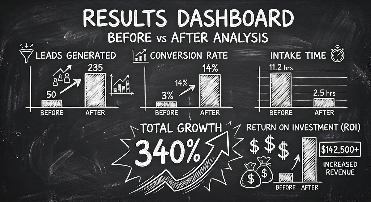 Before and after results dashboard showing Radiance Wellness performance improvements across all key metrics with Dashform implementation