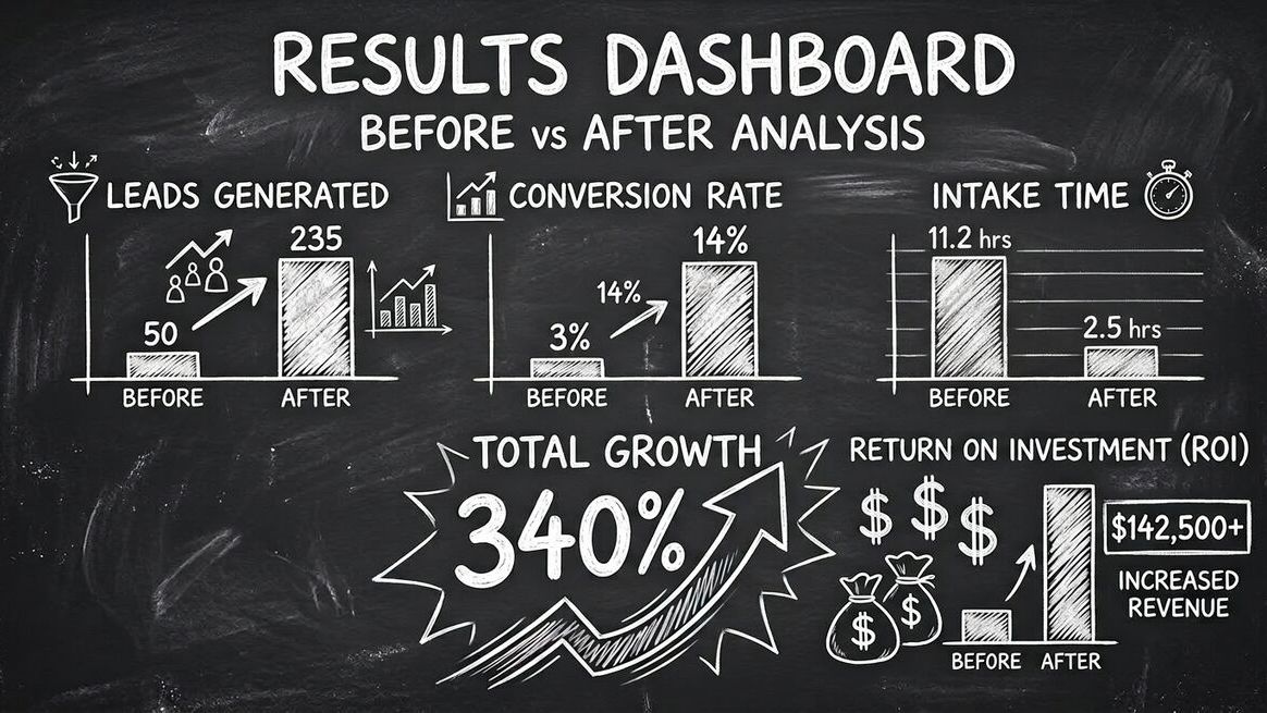 Before and after results dashboard showing Radiance Wellness performance improvements across all key metrics with Dashform implementation