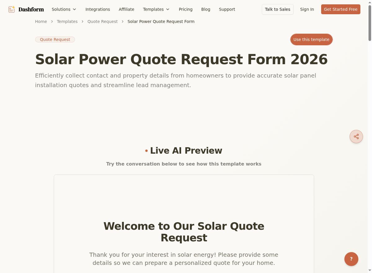Dashform Quote Request Form template page screenshot