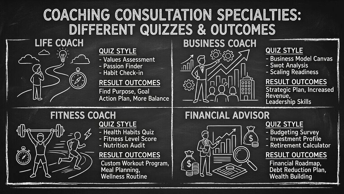 Multiple coaching specialties with tailored quiz types for life, business, fitness, and financial coaching