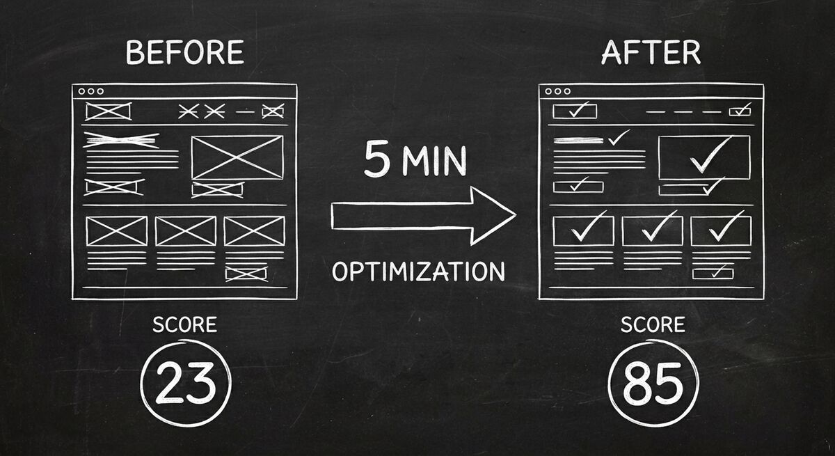 Before and after showing website AX Score improving from 23 to 85 in 5 minutes