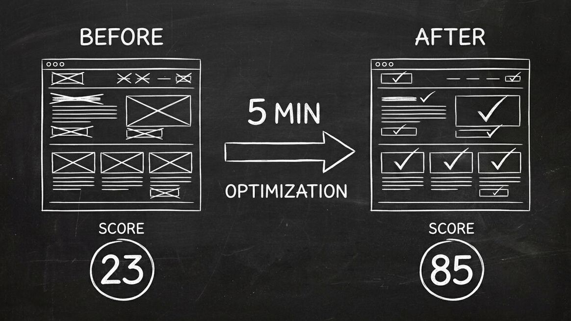 Before and after showing website AX Score improving from 23 to 85 in 5 minutes