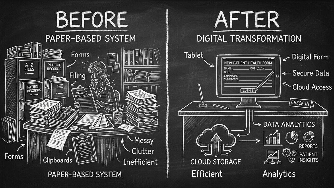 Before-and-after comparison of paper form chaos versus clean digital tablet intake with cloud storage