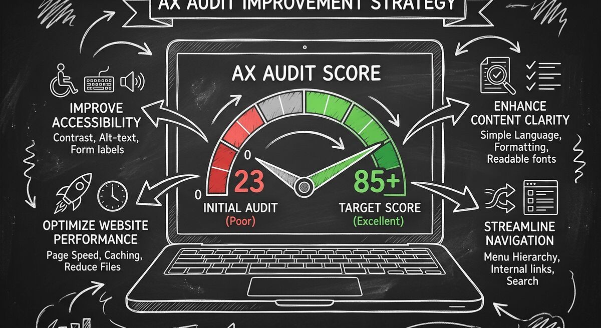 AX Audit score gauge going from red 23 to green 85+ with improvement areas highlighted