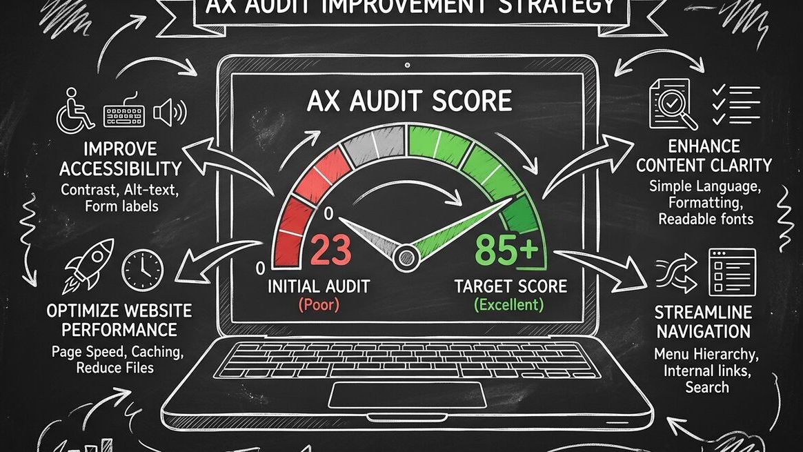 AX Audit score gauge going from red 23 to green 85+ with improvement areas highlighted