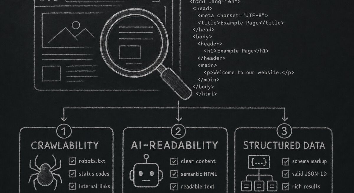 A magnifying glass examining a webpage with three categories of audit checks visible