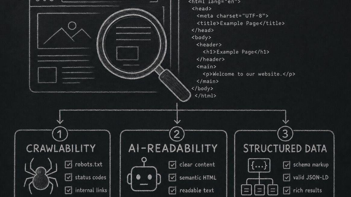 A magnifying glass examining a webpage with three categories of audit checks visible