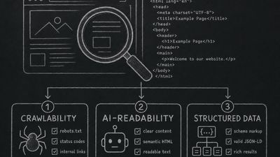 A magnifying glass examining a webpage with three categories of audit checks visible