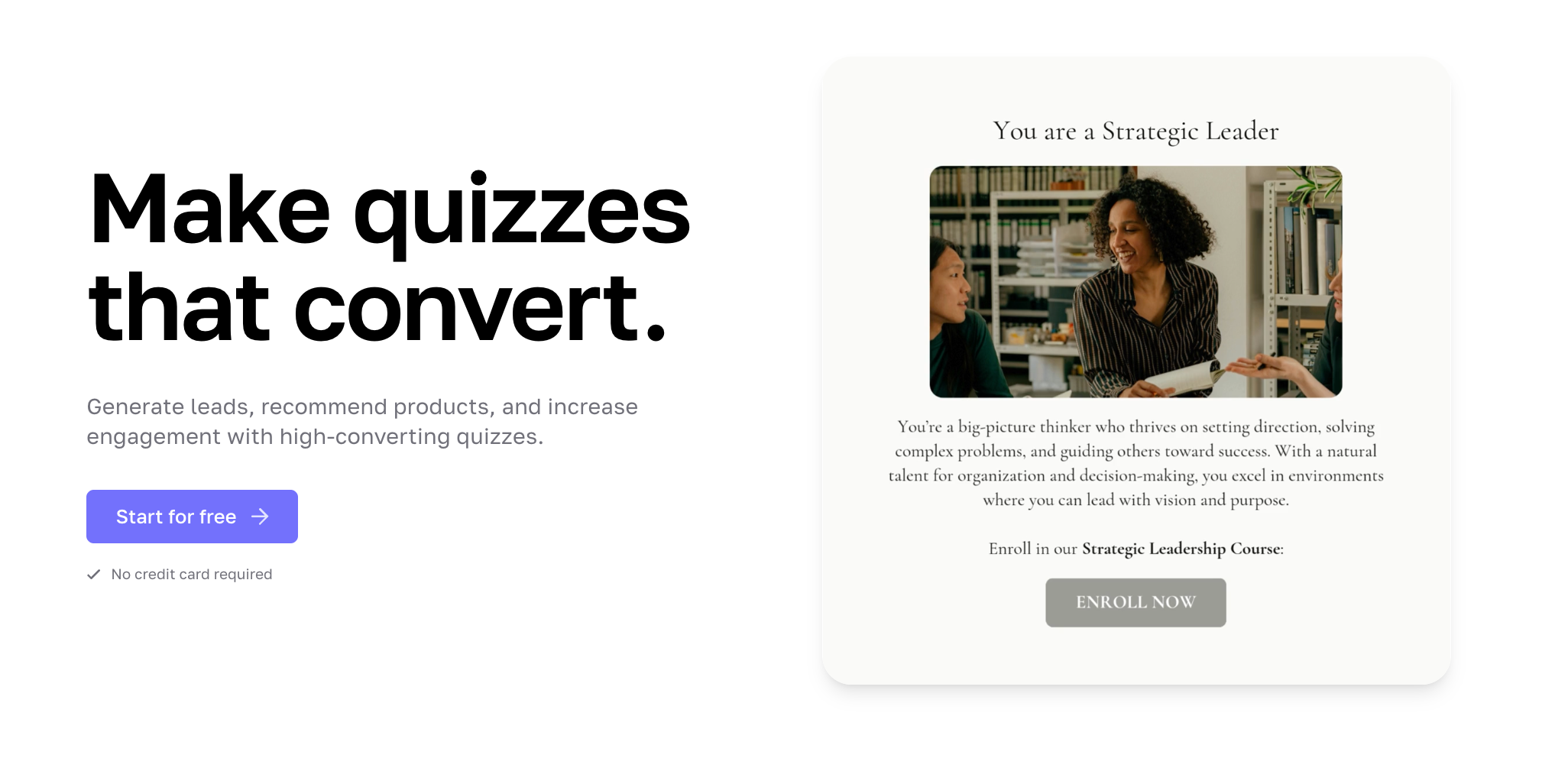 Website landing page promoting a quiz maker, showing the headline "Make quizzes that convert" and an example email opt-in form for a career quiz.