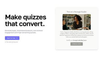Website landing page promoting a quiz maker, showing the headline "Make quizzes that convert" and an example email opt-in form for a career quiz.