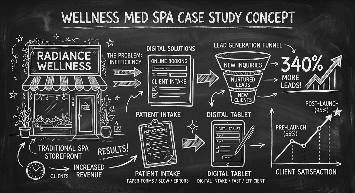 Chalkboard style illustration of Radiance Wellness med spa case study showing digital form transformation with 340% lead growth funnel and client satisfaction improvements