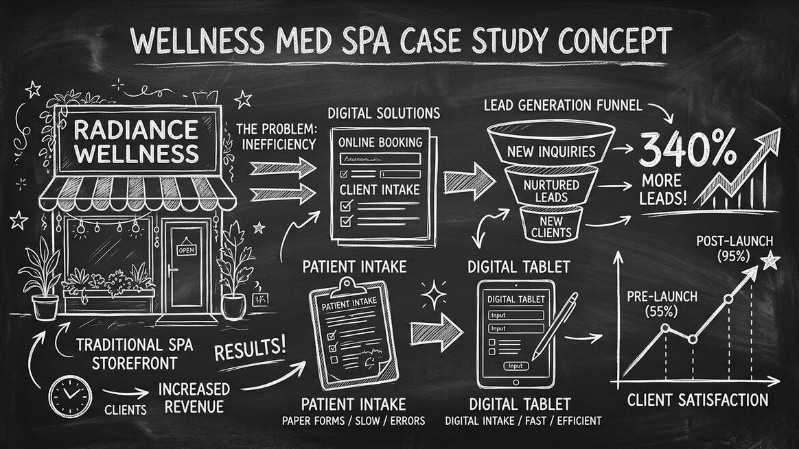 Chalkboard style illustration of Radiance Wellness med spa case study showing digital form transformation with 340% lead growth funnel and client satisfaction improvements