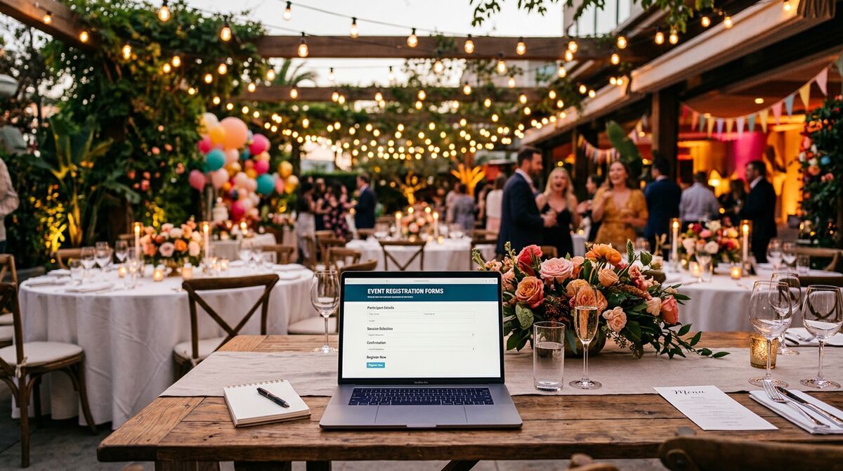 Elegant event venue with digital registration forms on laptop