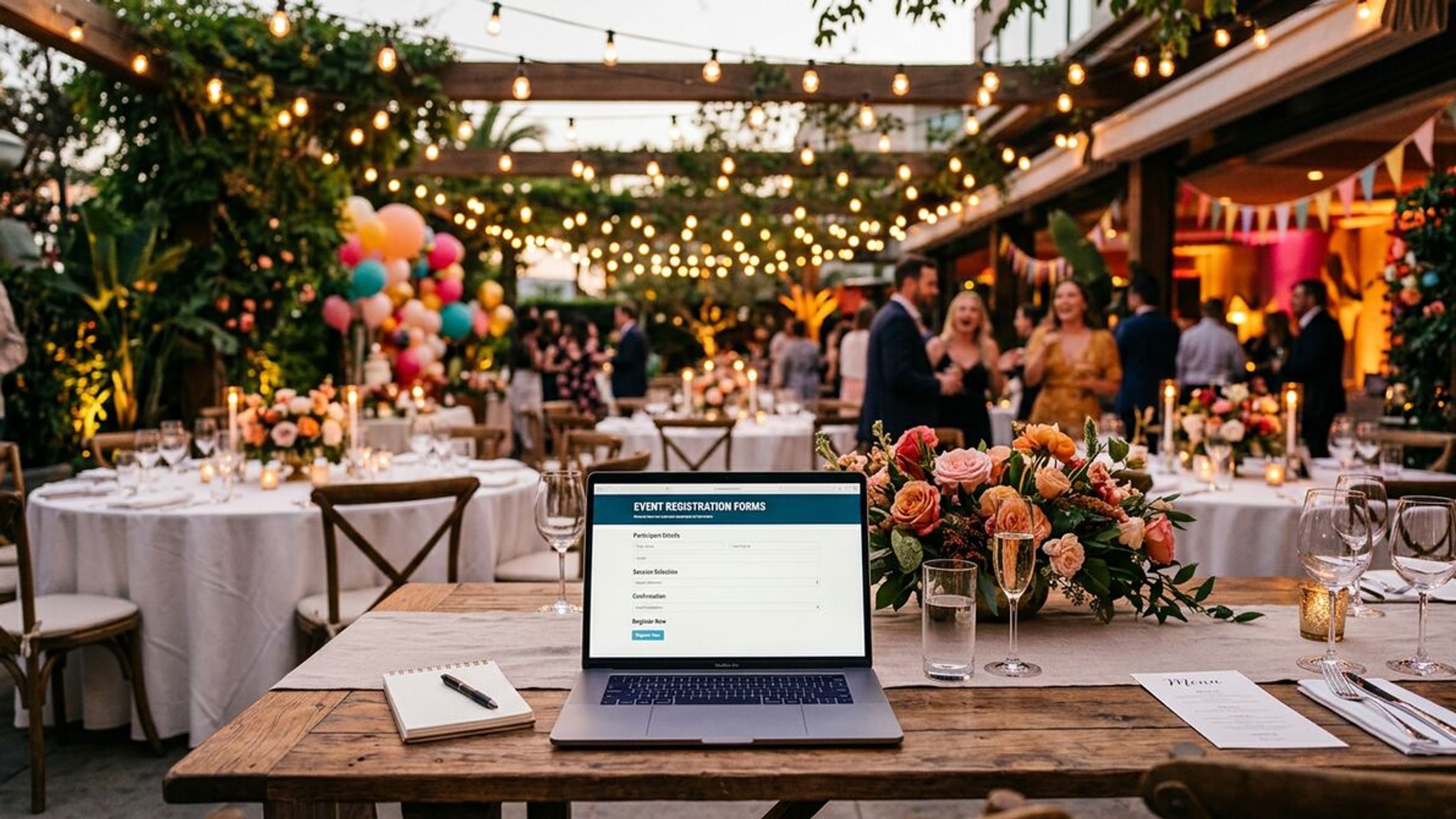 Elegant event venue with digital registration forms on laptop