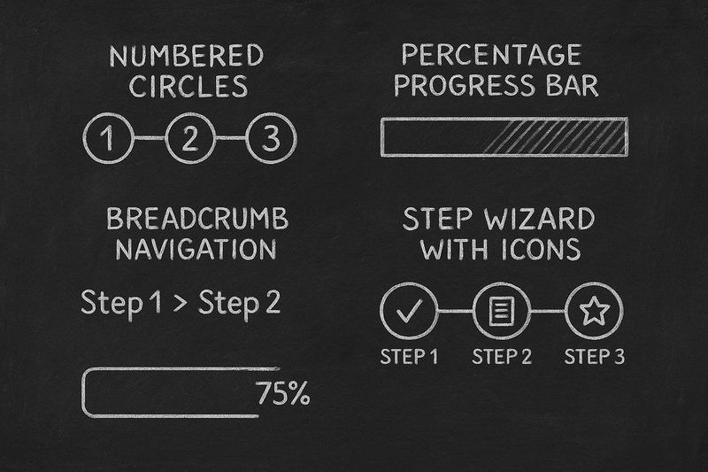 Chalkboard illustration showing four different progress indicator designs: numbered circles, percentage bar, breadcrumb navigation, and step wizard