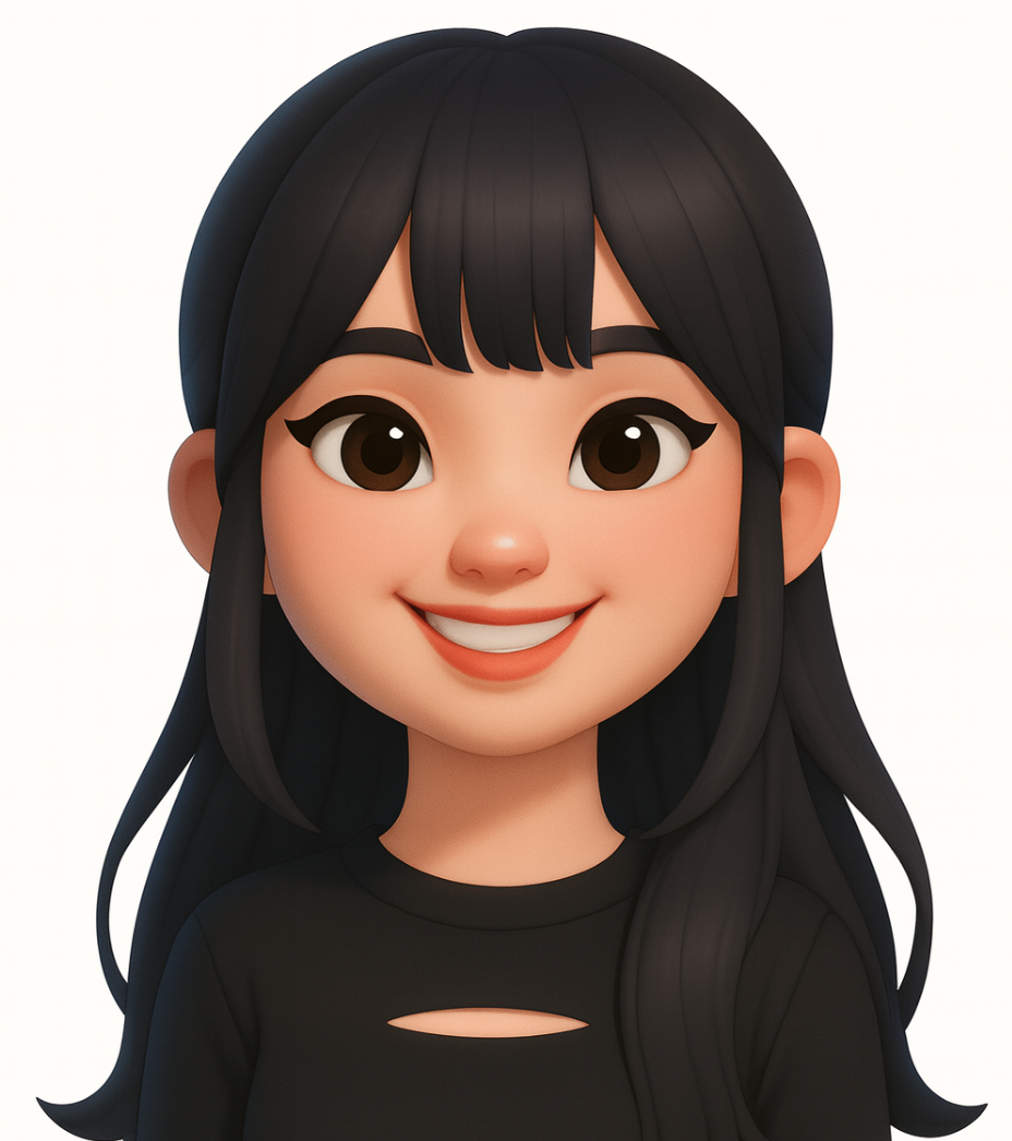 Smiling 3D avatar with long black hair and bangs, wearing a black top with a cutout.