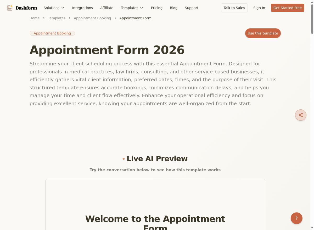 Dashform Appointment Form template page screenshot