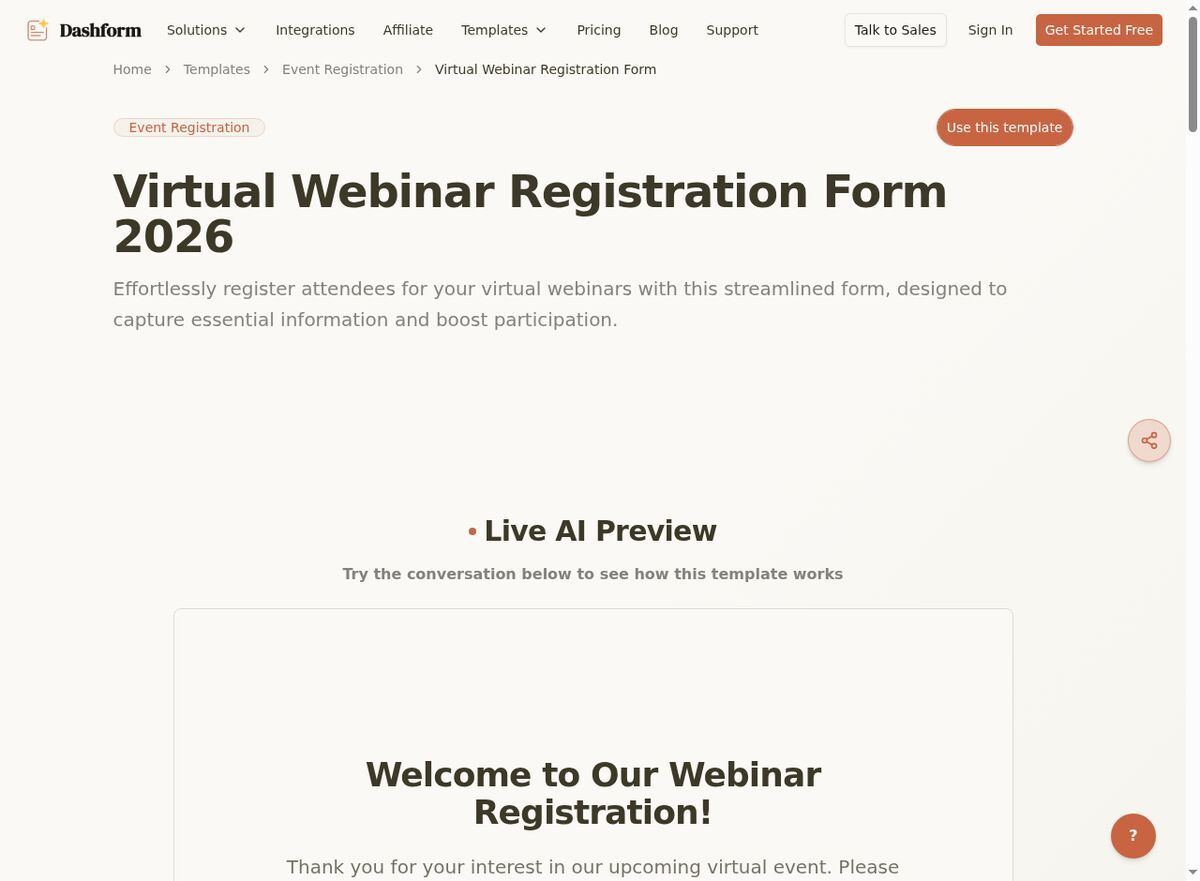 Dashform Virtual Webinar Registration Form template page screenshot