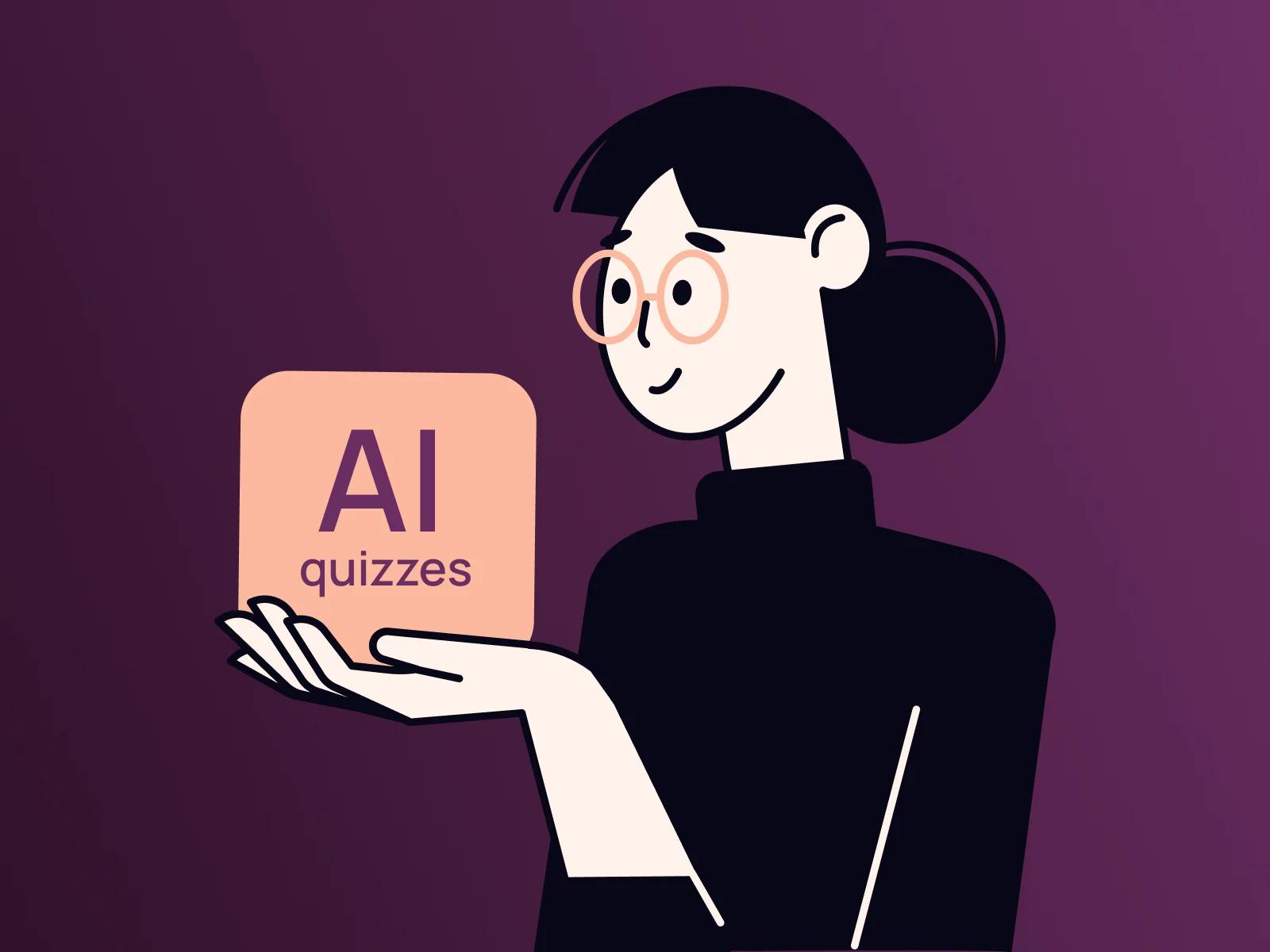 A stylized woman holding a square icon with "AI quizzes" written on it.