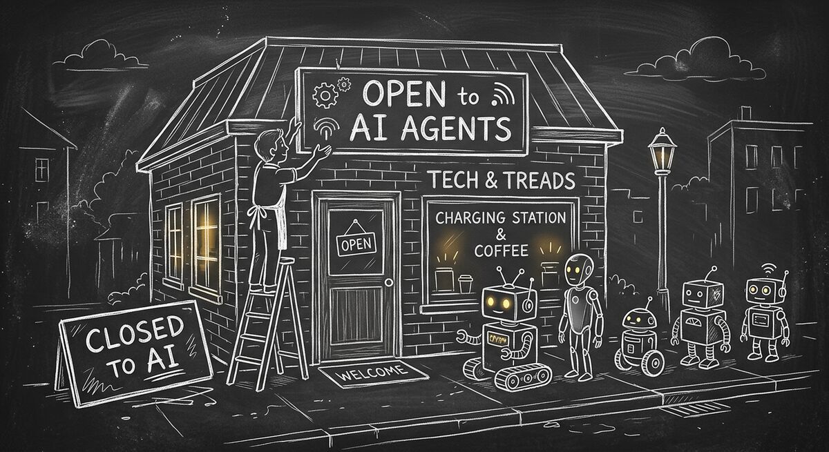 Storefront with CLOSED to AI sign being replaced by OPEN to AI Agents sign