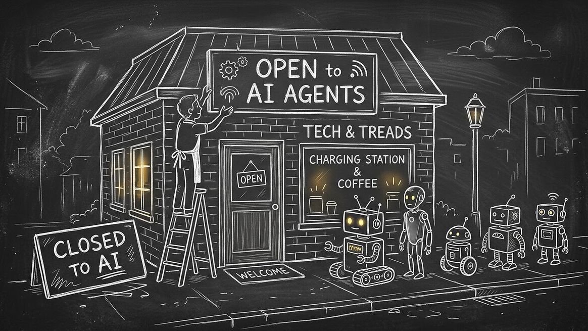 Storefront with CLOSED to AI sign being replaced by OPEN to AI Agents sign