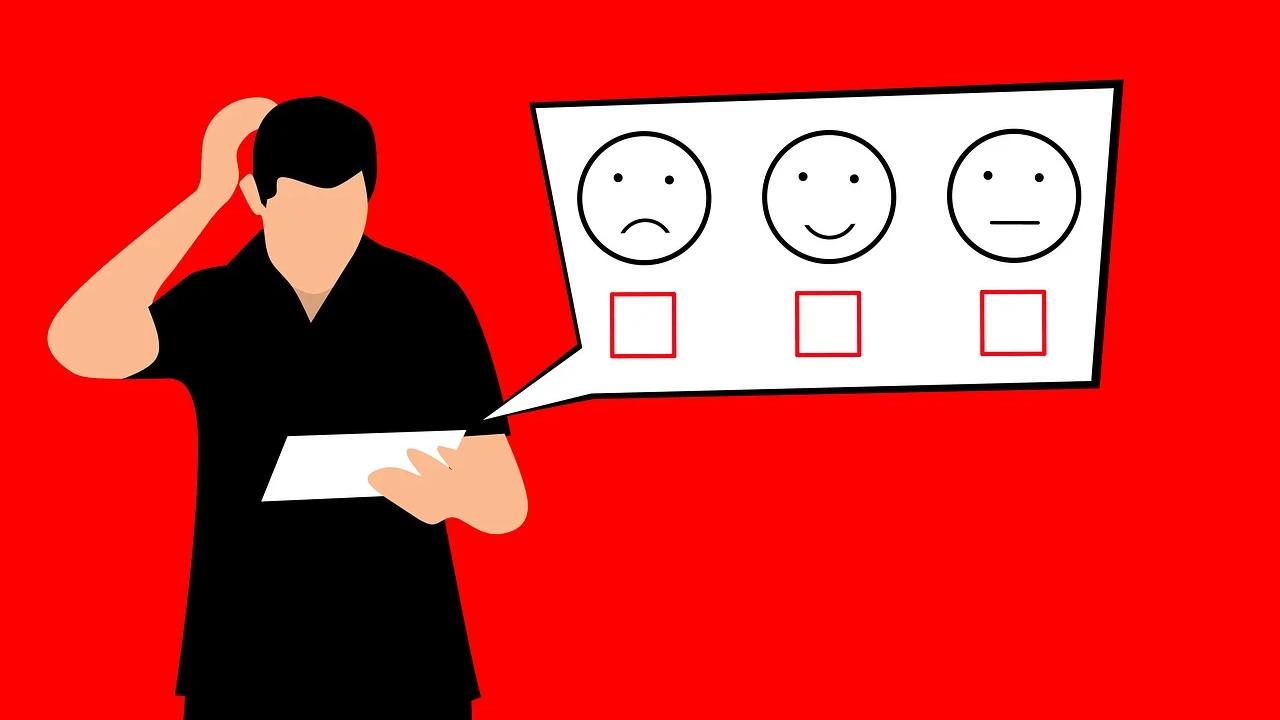 Puzzled person looking at a feedback survey with sad, happy, and neutral emoji options.