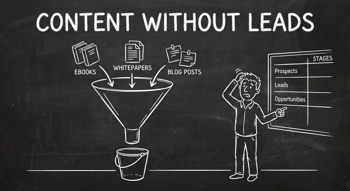 Content marketing funnel with blog posts going in but no leads coming out - agency diagnostic concept