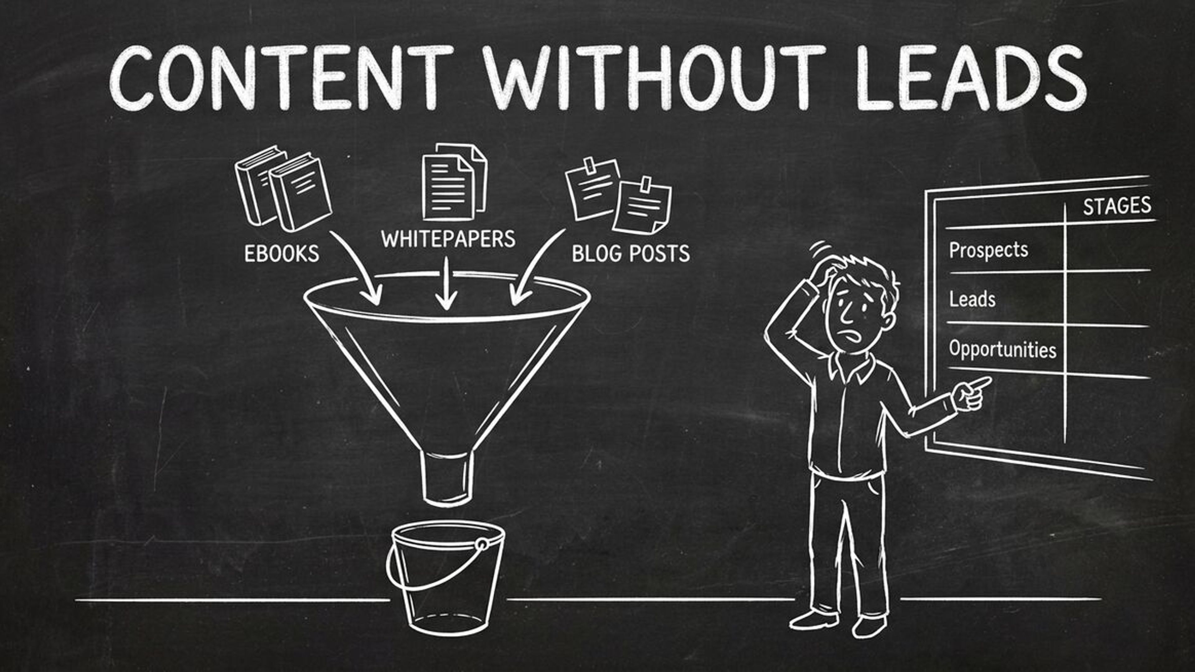 Content marketing funnel with blog posts going in but no leads coming out - agency diagnostic concept
