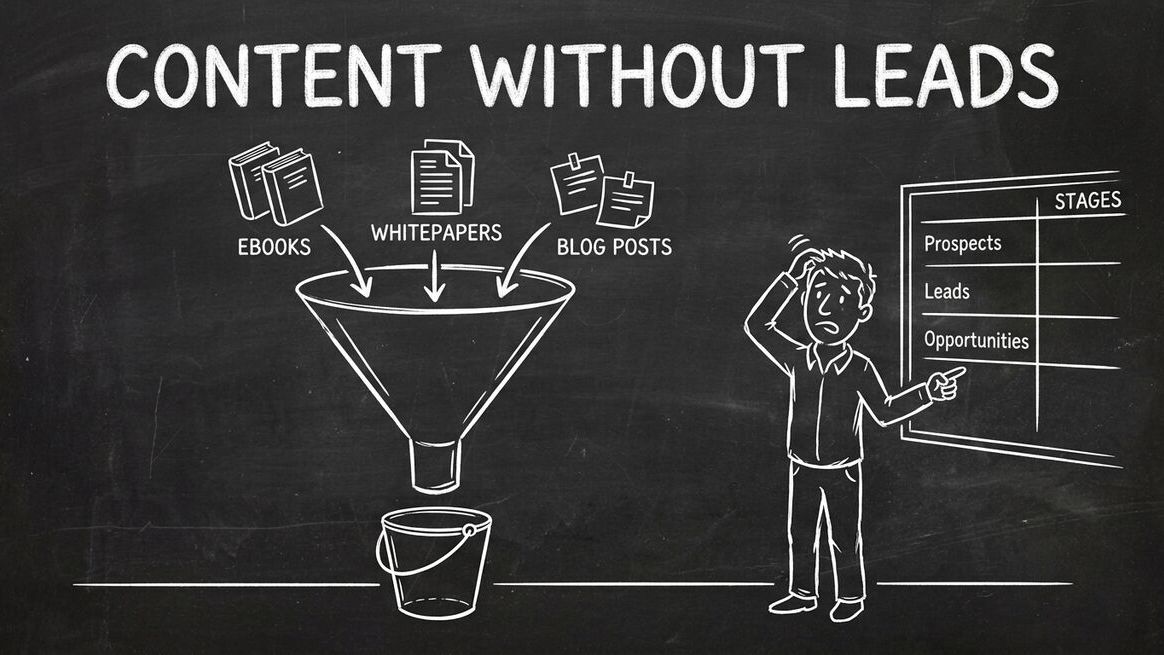 Content marketing funnel with blog posts going in but no leads coming out - agency diagnostic concept