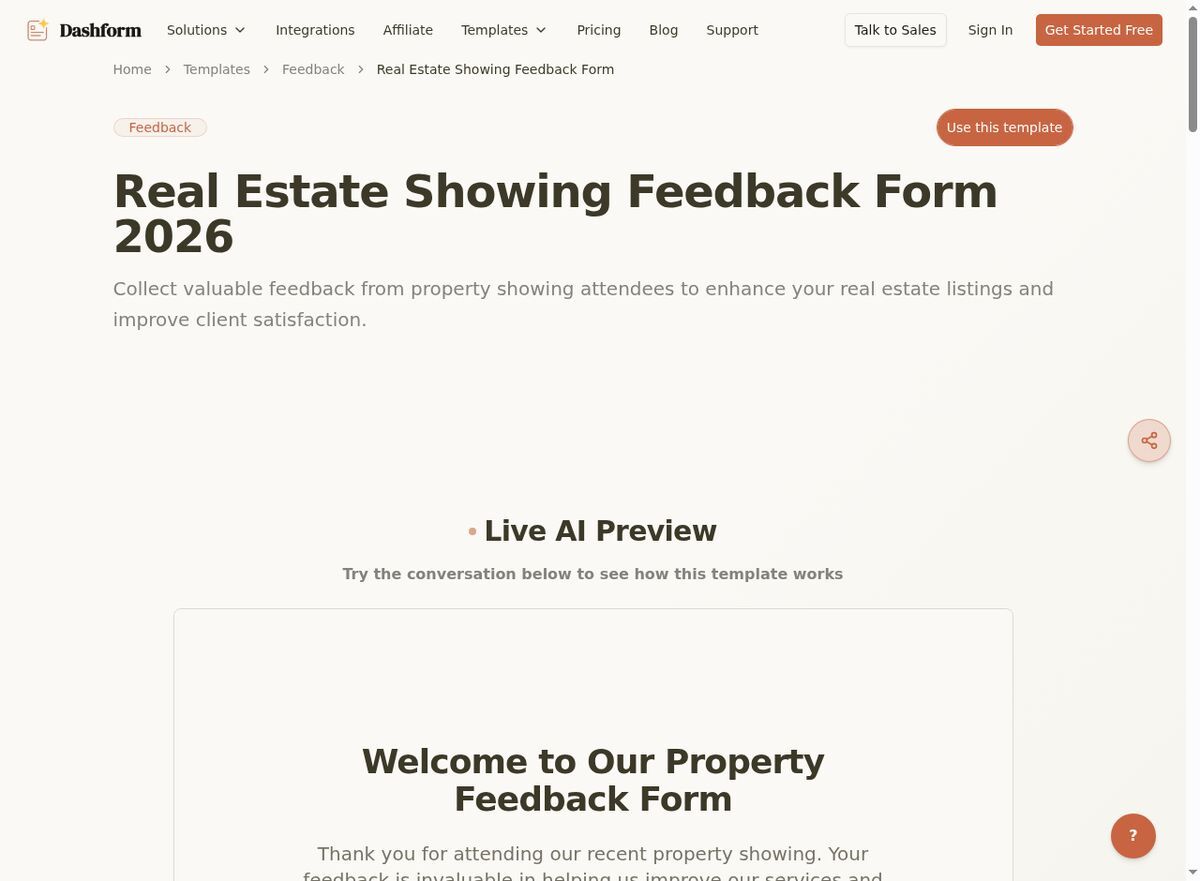 Dashform Real Estate Showing Feedback Form template page screenshot