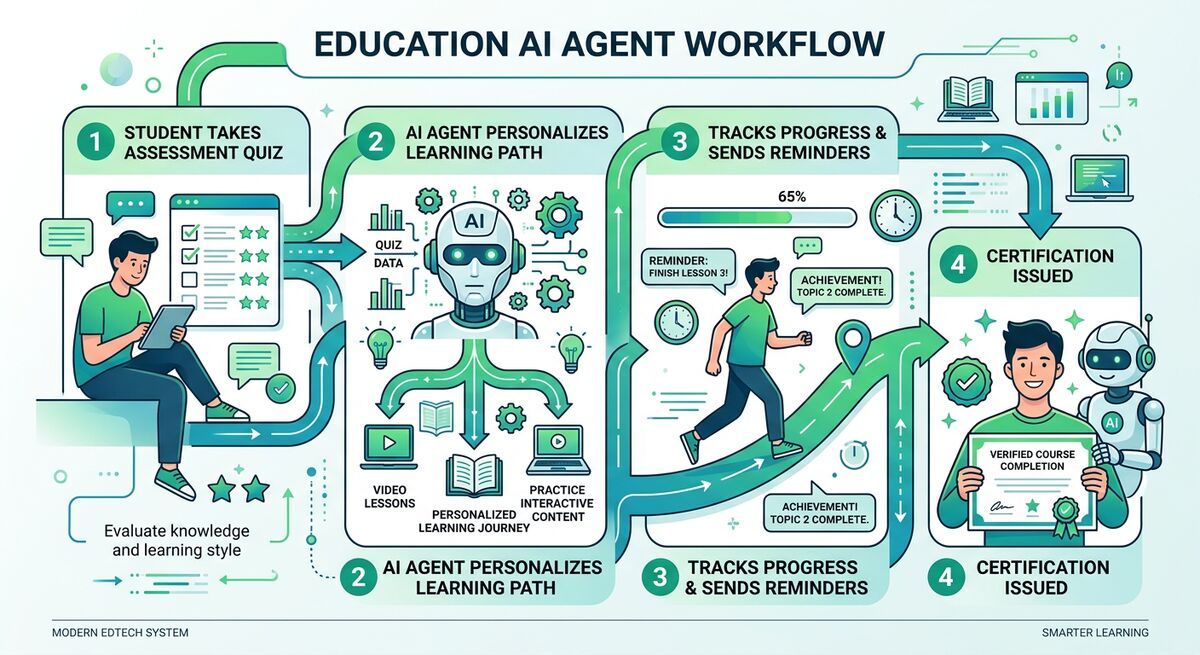 OpenClaw AI agent education workflow showing assessment quiz, personalized learning path, and progress tracking