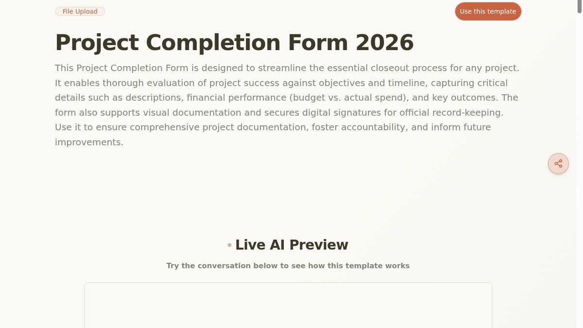 Dashform Project Completion Form template page screenshot