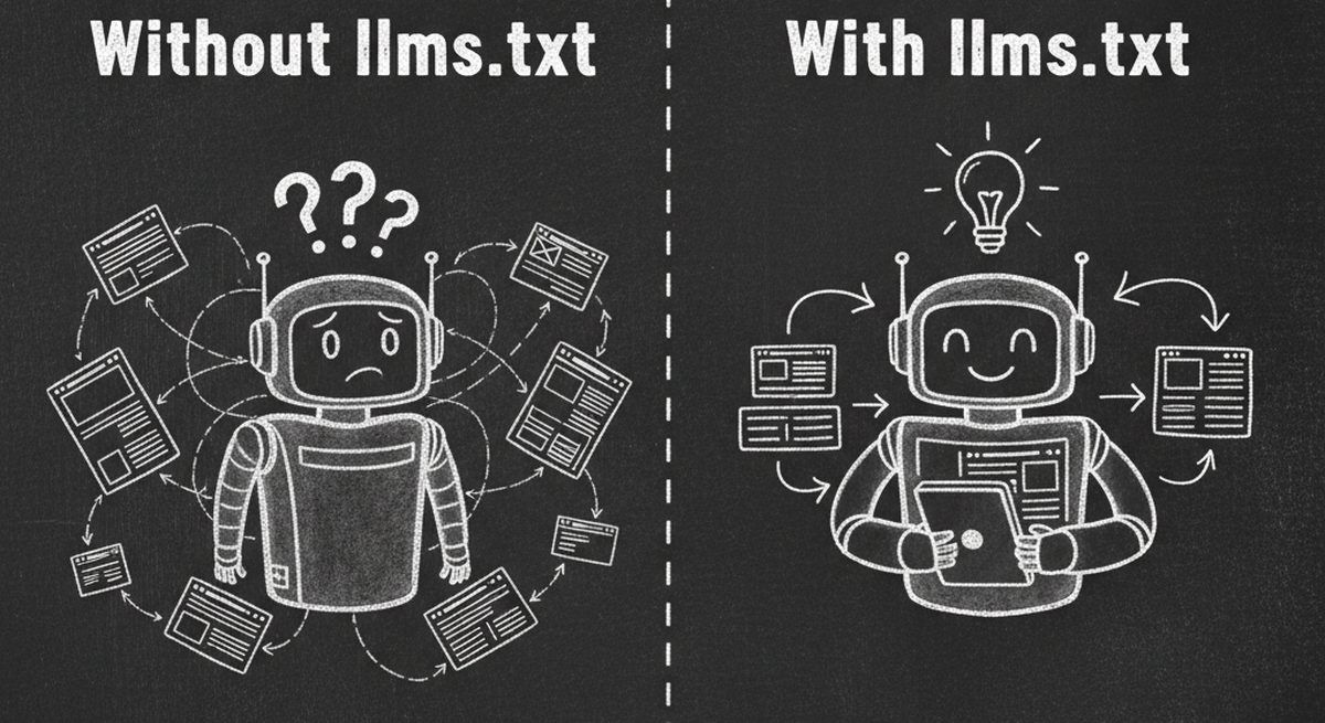 Chalkboard illustration comparing AI agent experience without llms.txt showing confusion versus with llms.txt showing clear understanding