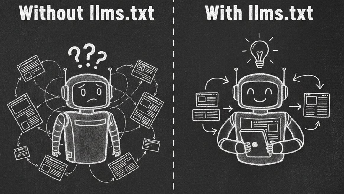 Chalkboard illustration comparing AI agent experience without llms.txt showing confusion versus with llms.txt showing clear understanding