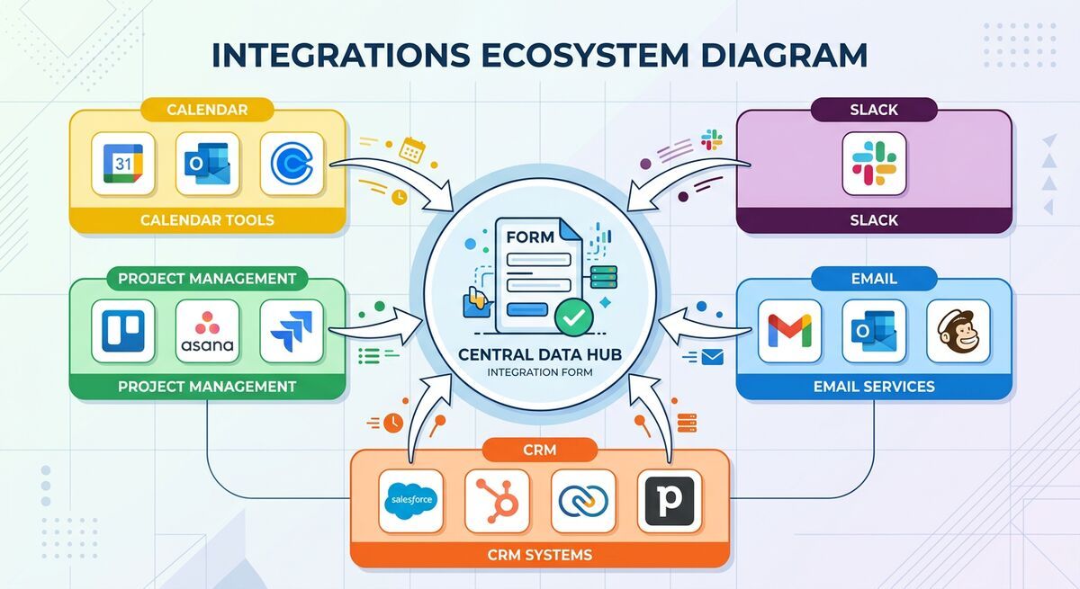 Integration ecosystem showing CRM, email, calendar, and project management tools connected to forms