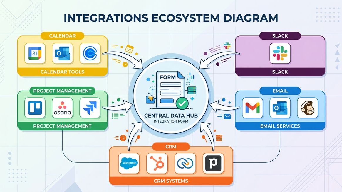 Integration ecosystem showing CRM, email, calendar, and project management tools connected to forms