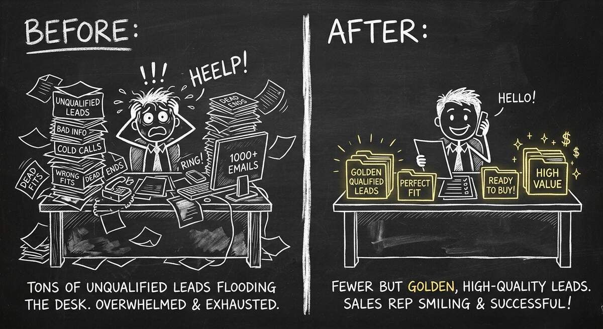 Before and after lead qualification - overwhelmed vs organized