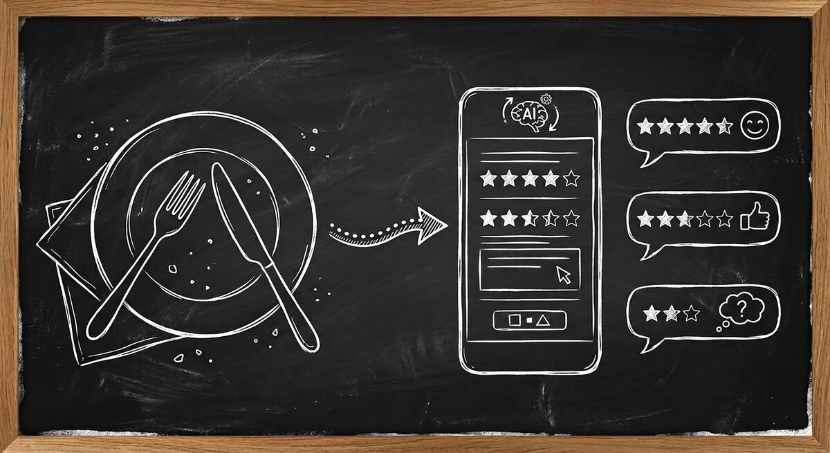 Chalkboard sketch illustration of restaurant customer feedback with AI forms showing plate with fork and knife connected to smartphone with star ratings