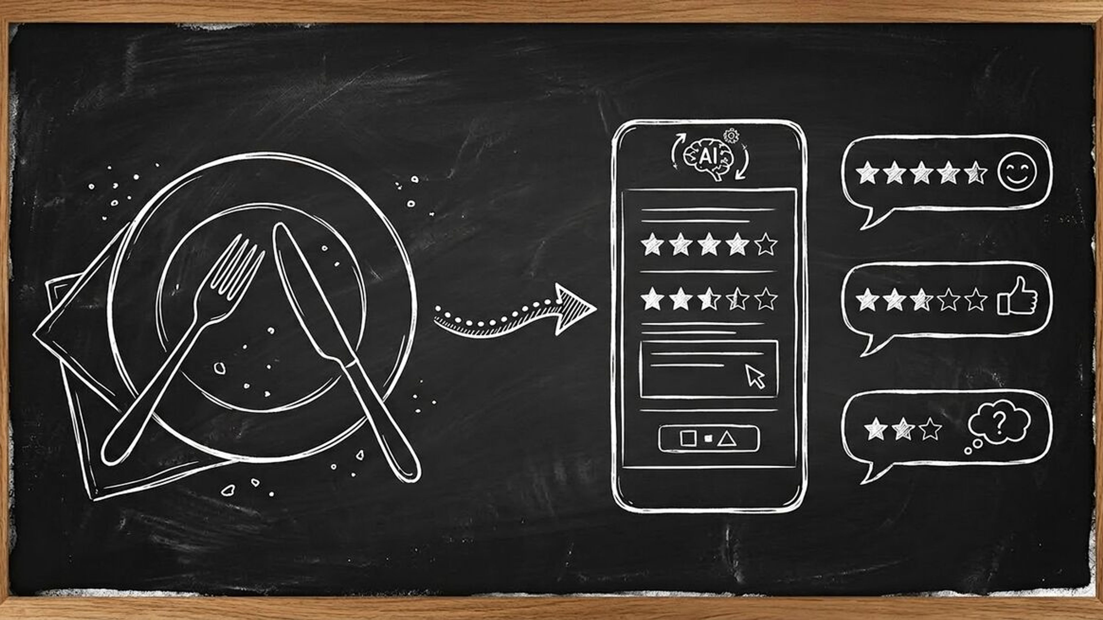 Chalkboard sketch illustration of restaurant customer feedback with AI forms showing plate with fork and knife connected to smartphone with star ratings